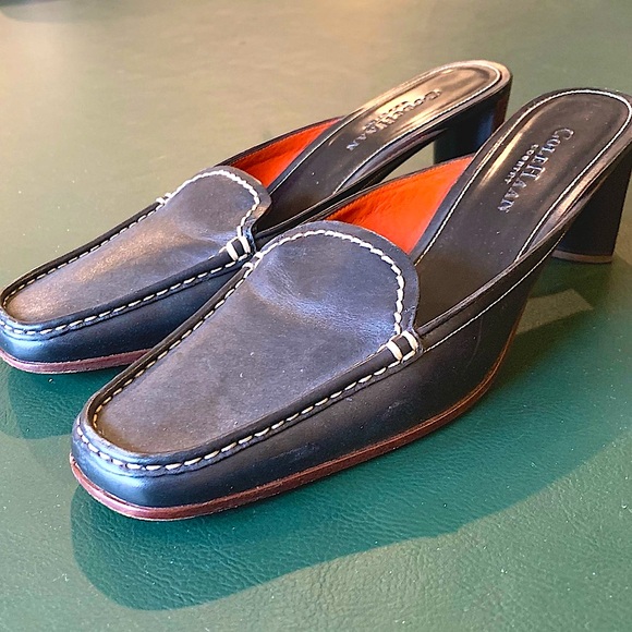Cole Haan Square Toe Black Leather Loafer Mules w Wooden Stacked Low Heel Size 8 - Picture 6 of 16